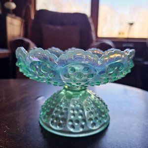Fenton 95 Anniversary Green Opalescent Iridescent Hobnail Candleholder Cntrpiece